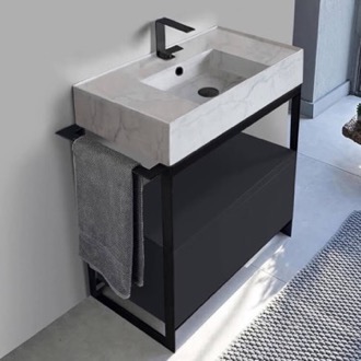 Console Bathroom Vanity Modern Powder Room Console Vanity with Black Cabinet, Marble Style Sink, 35 Inch, Free Standing Scarabeo 5123-F-SOL1-49